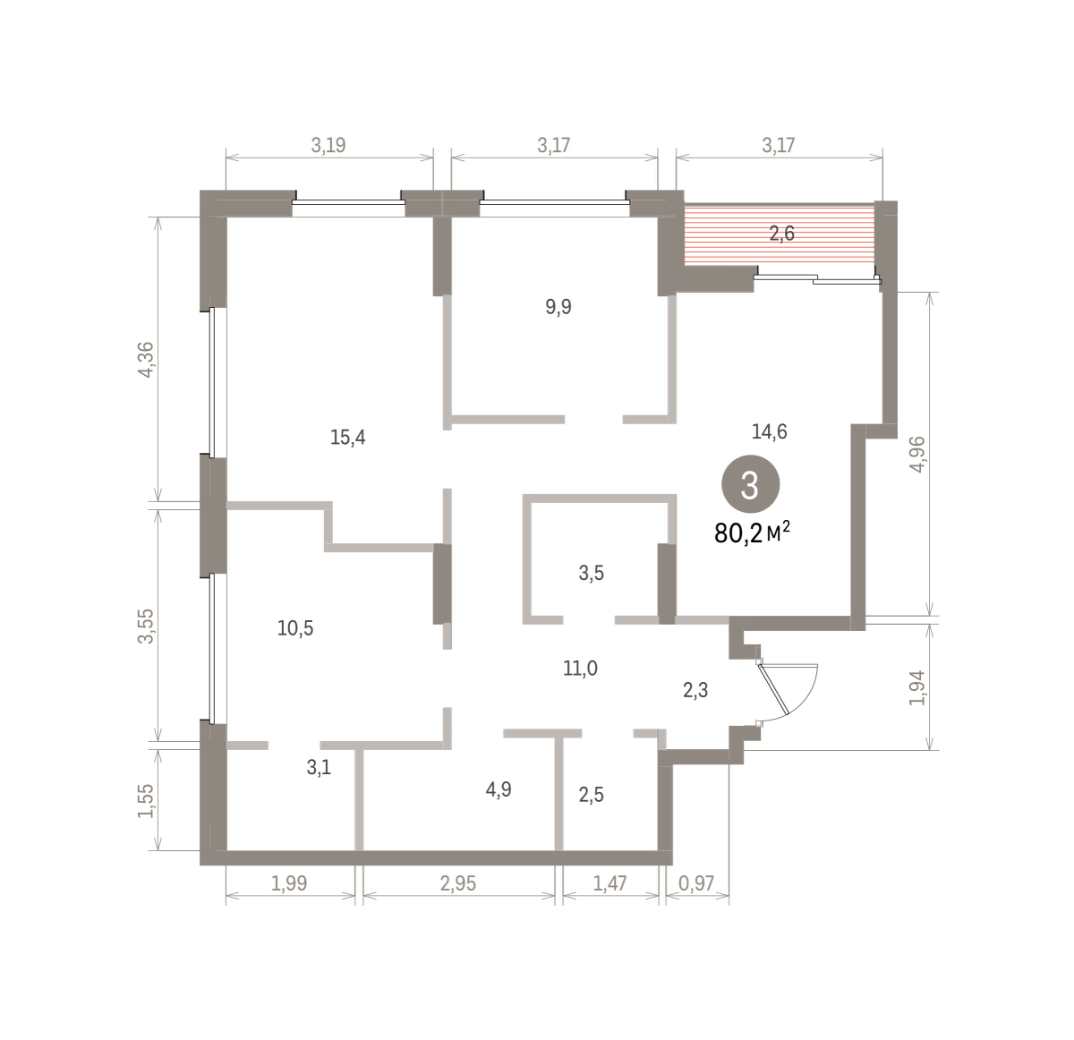 3 комн. Квартира 80.2 кв. м