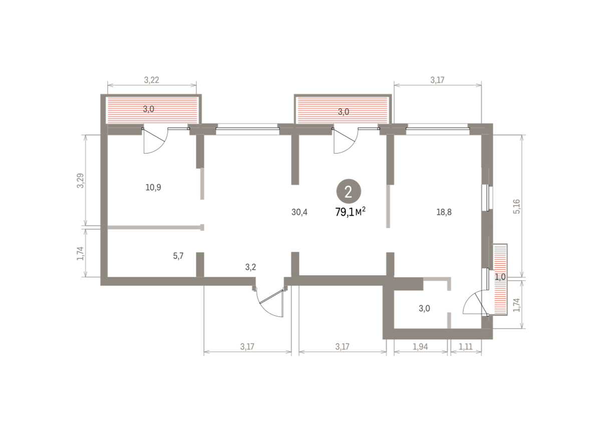 2 комн. Квартира 79.1 кв. м