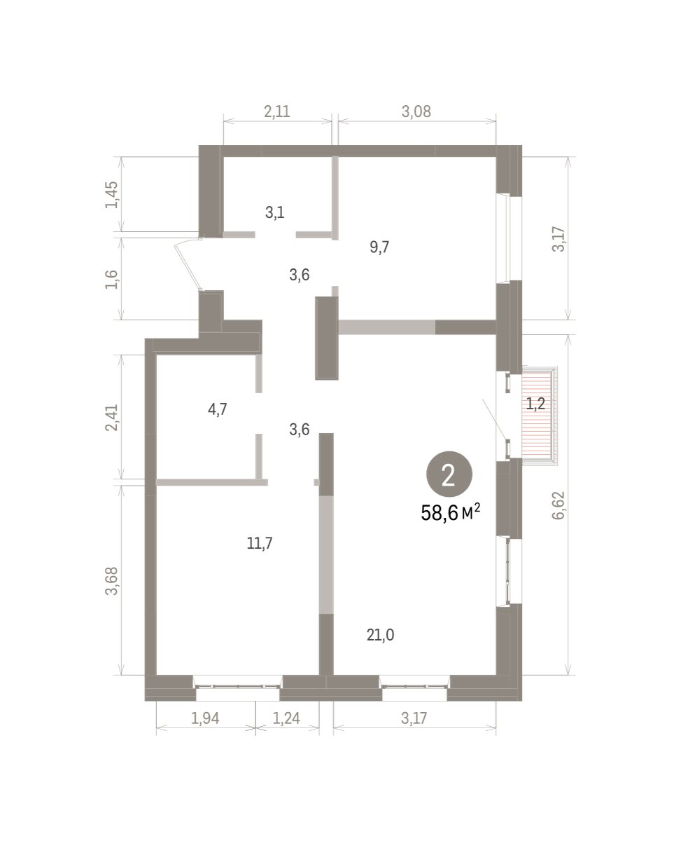 2 комн. Квартира 58.6 кв. м