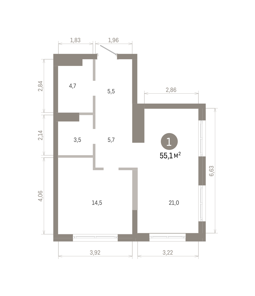 1 комн. Квартира 55.1 кв. м