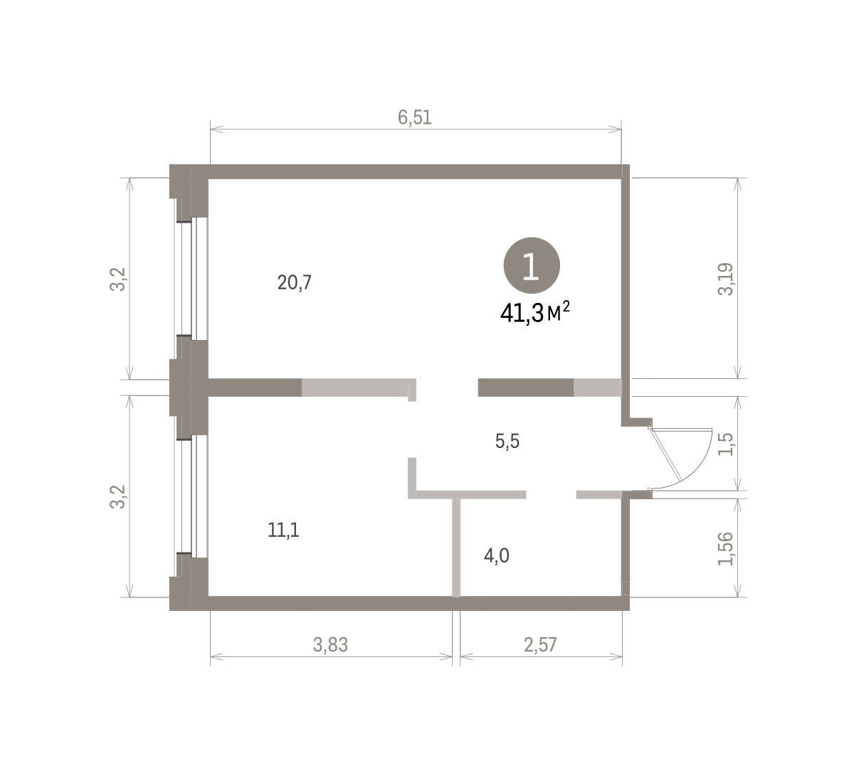 1 комн. Квартира 41.3 кв. м