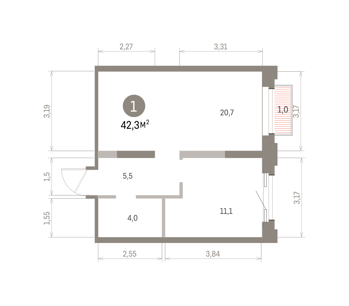 1 комн. Квартира 42.3 кв. м