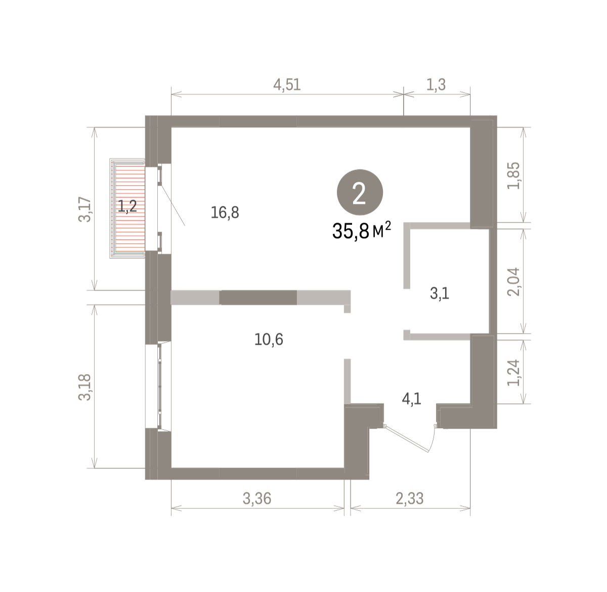 2 комн. Квартира 35.8 кв. м