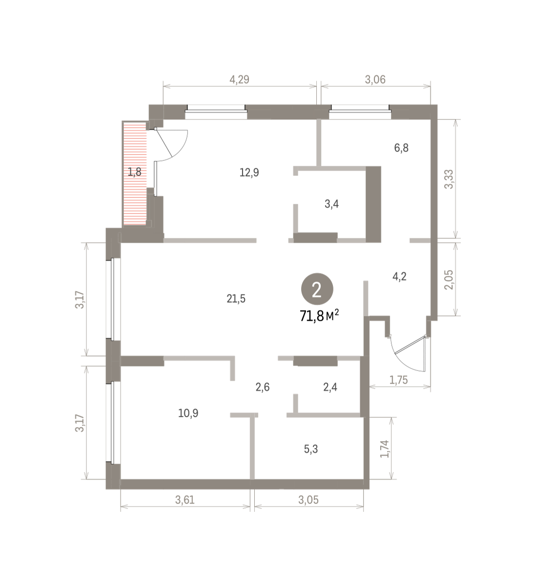 2 комн. Квартира 71.8 кв. м