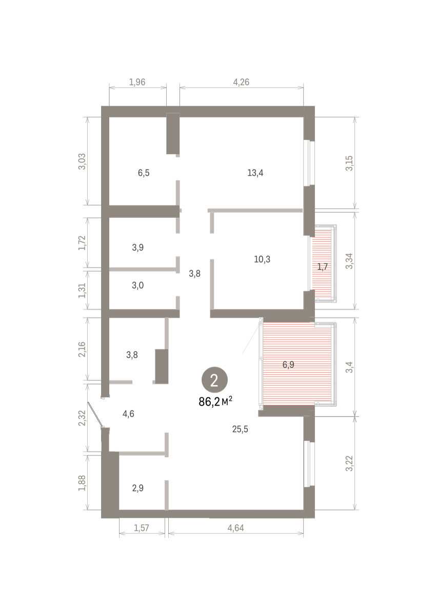 2 комн. Квартира 86.2 кв. м