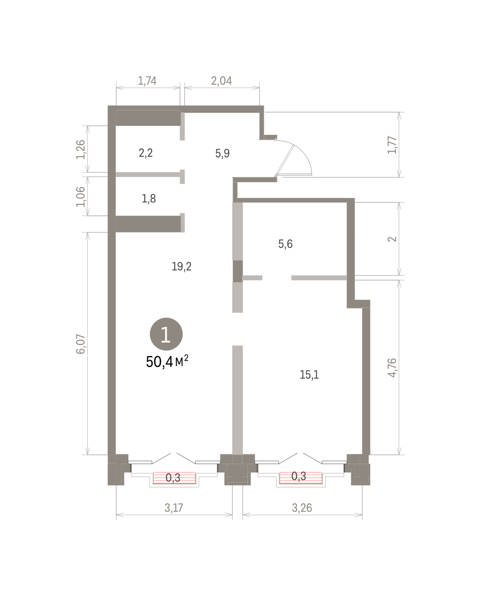1 комн. Квартира 50.4 кв. м