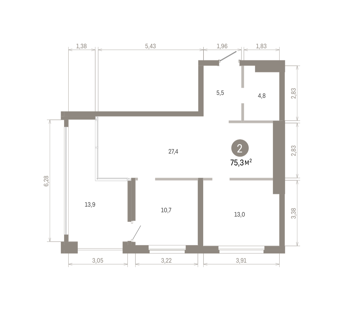 2 комн. Квартира 75.3 кв. м