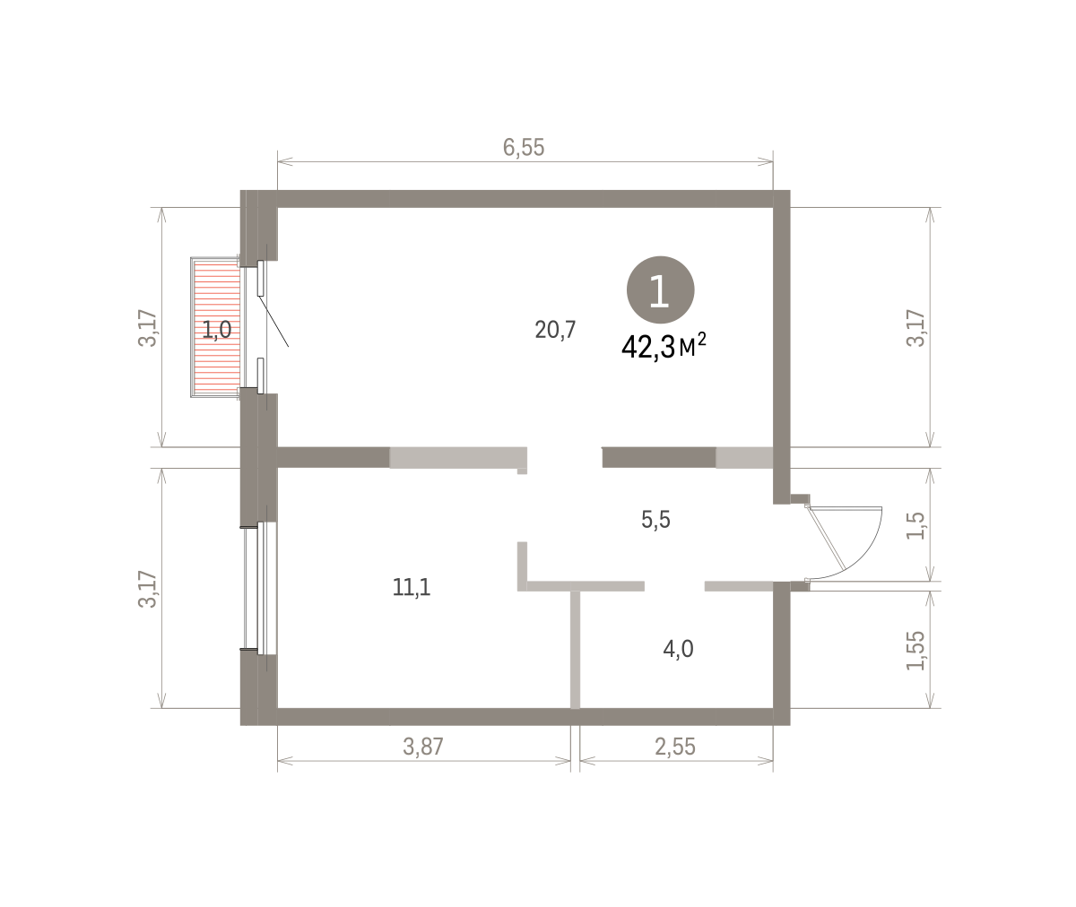 1 комн. Квартира 42.3 кв. м