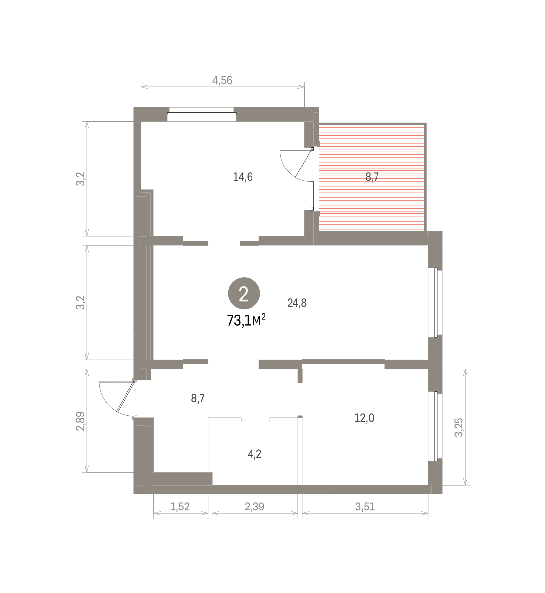 2 комн. Квартира 73.1 кв. м