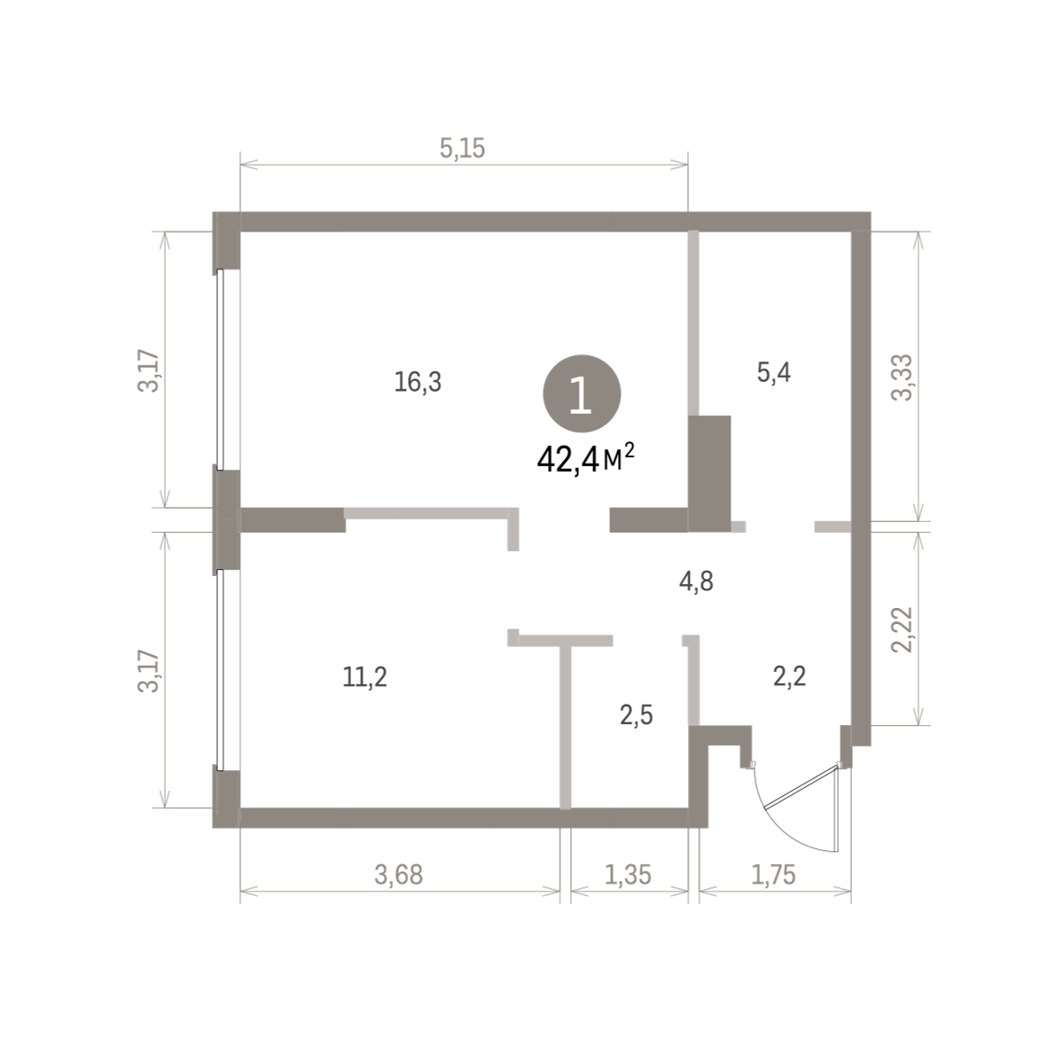 1 комн. Квартира 42.4 кв. м