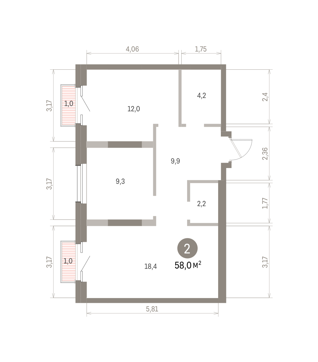 2 комн. Квартира 58 кв. м
