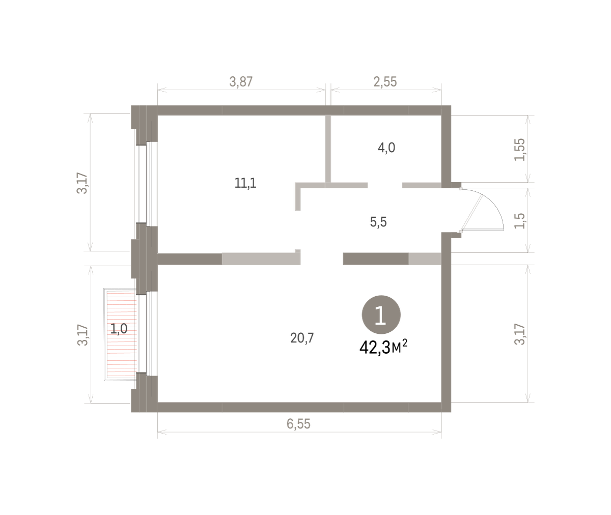 1 комн. Квартира 42.3 кв. м