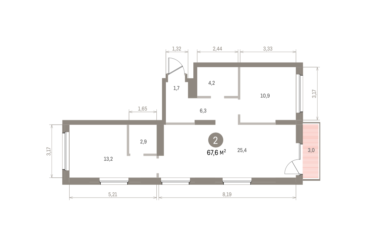2 комн. Квартира 67.6 кв. м