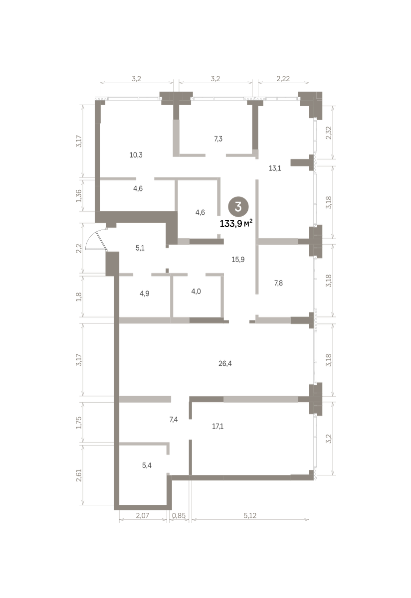 3 комн. Квартира 133.9 кв. м