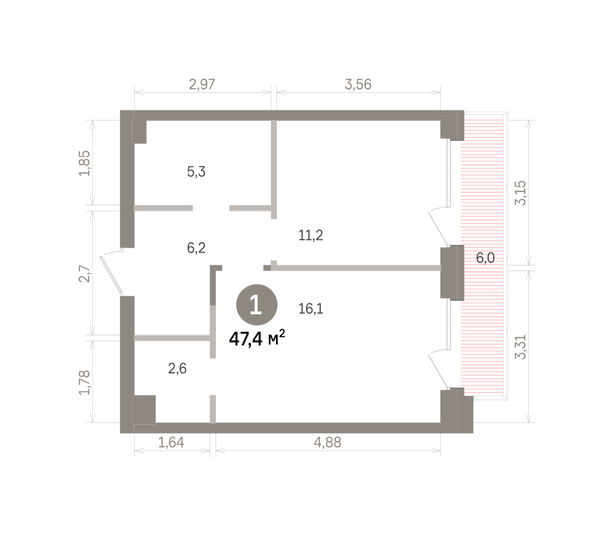 1 комн. Квартира 47.4 кв. м