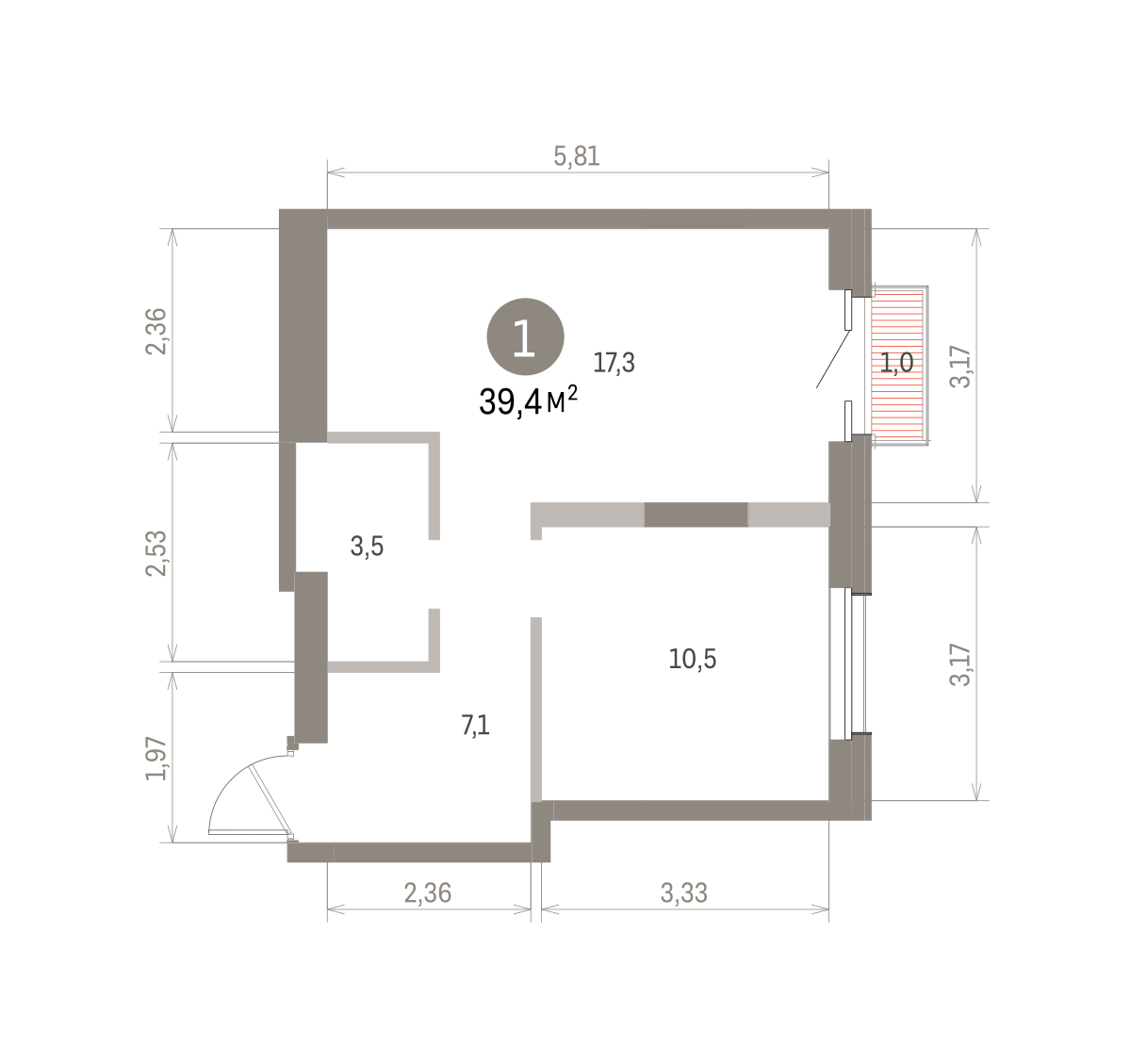 1 комн. Квартира 39.4 кв. м