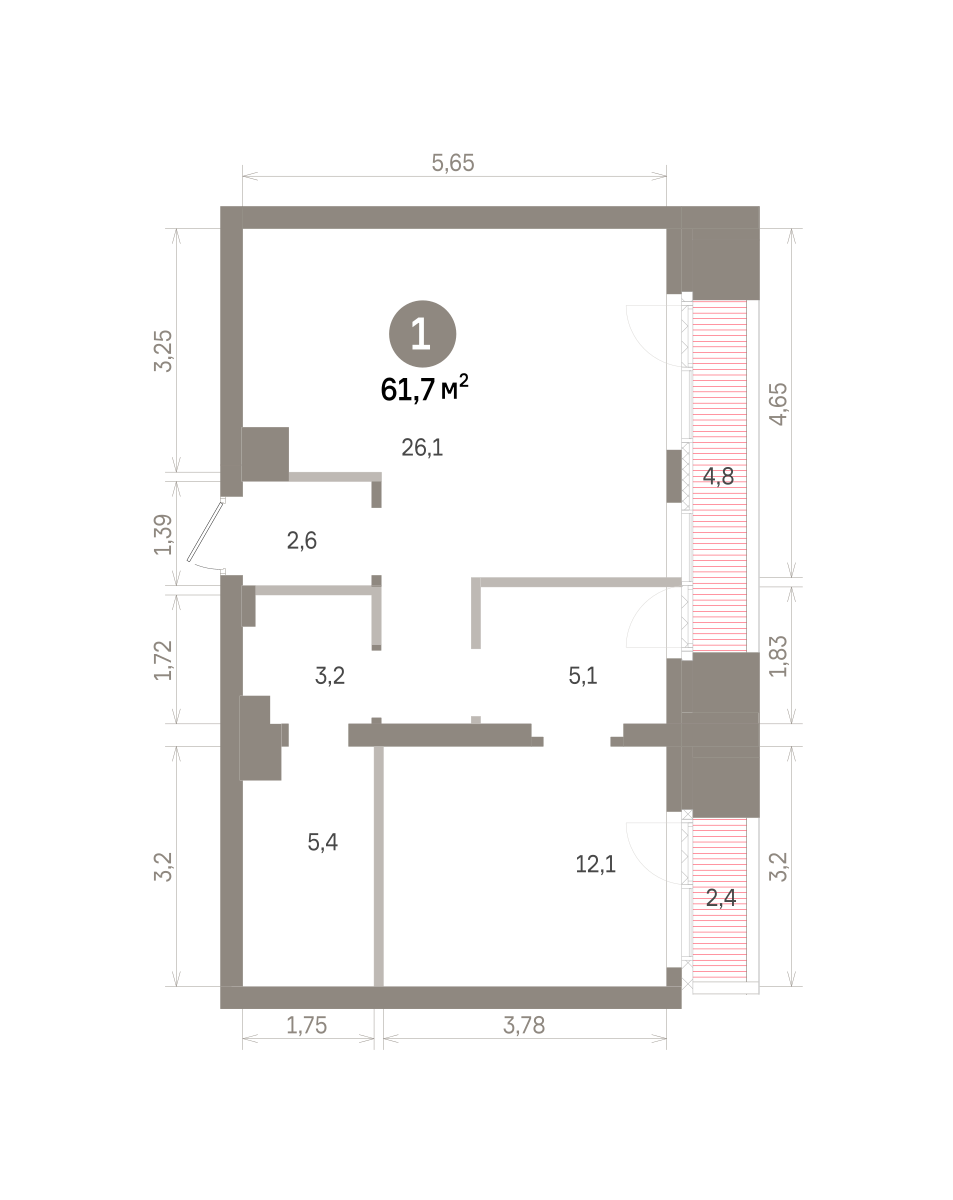 1 комн. Квартира 61.7 кв. м