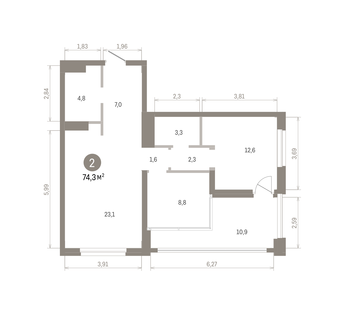2 комн. Квартира 74.3 кв. м