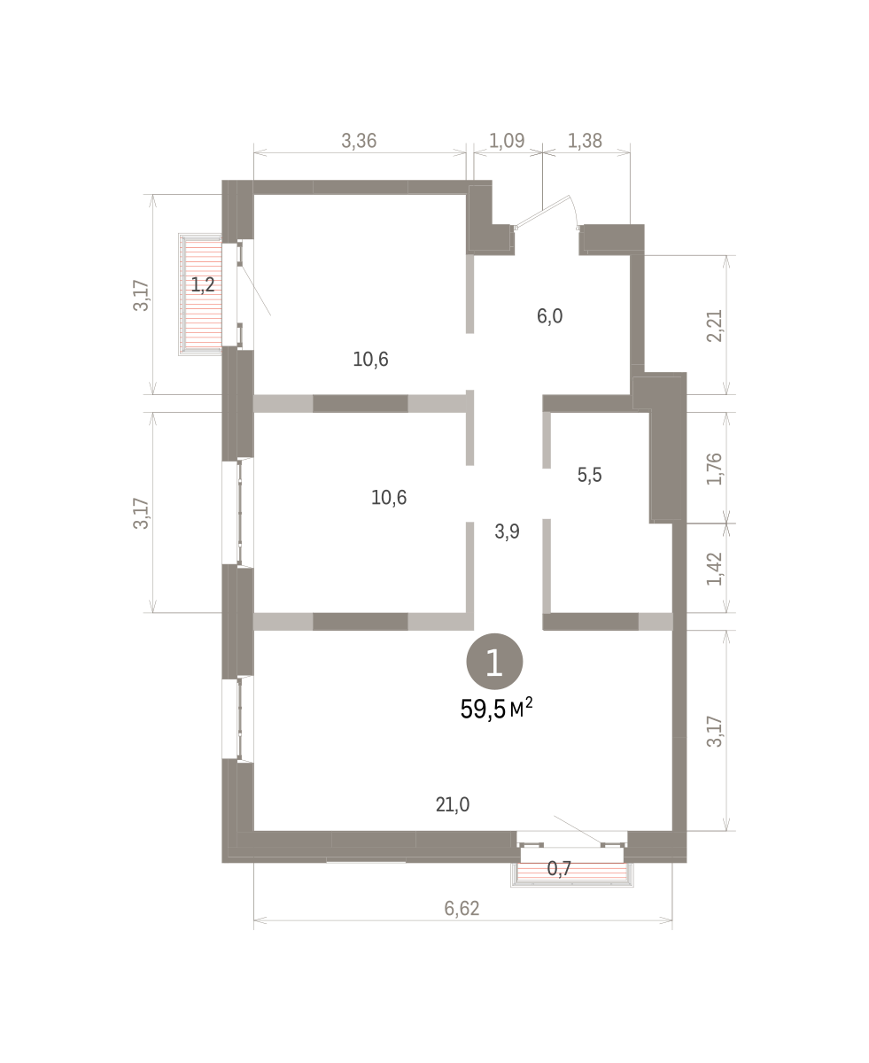 2 комн. Квартира 59.5 кв. м