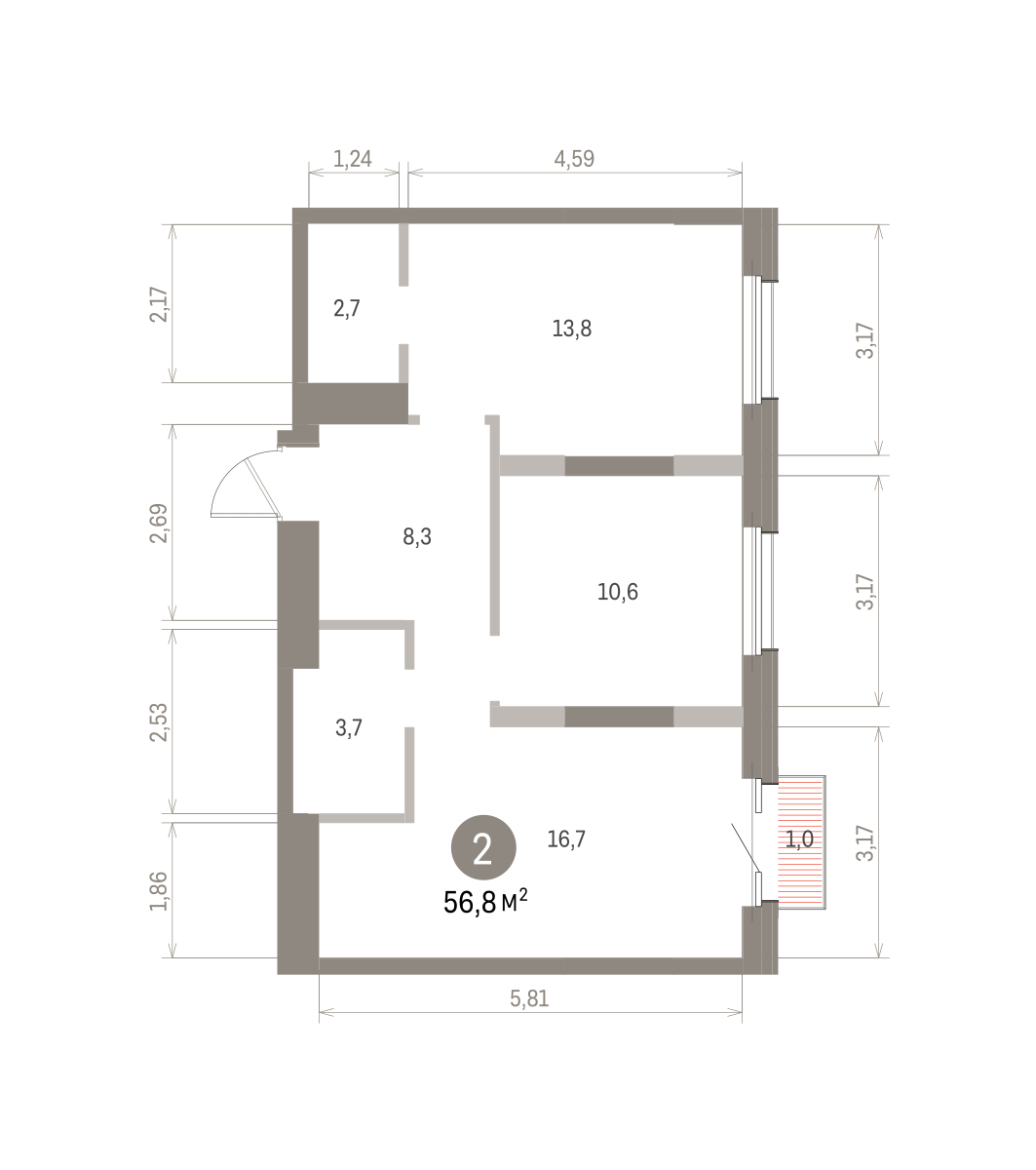 2 комн. Квартира 56.8 кв. м