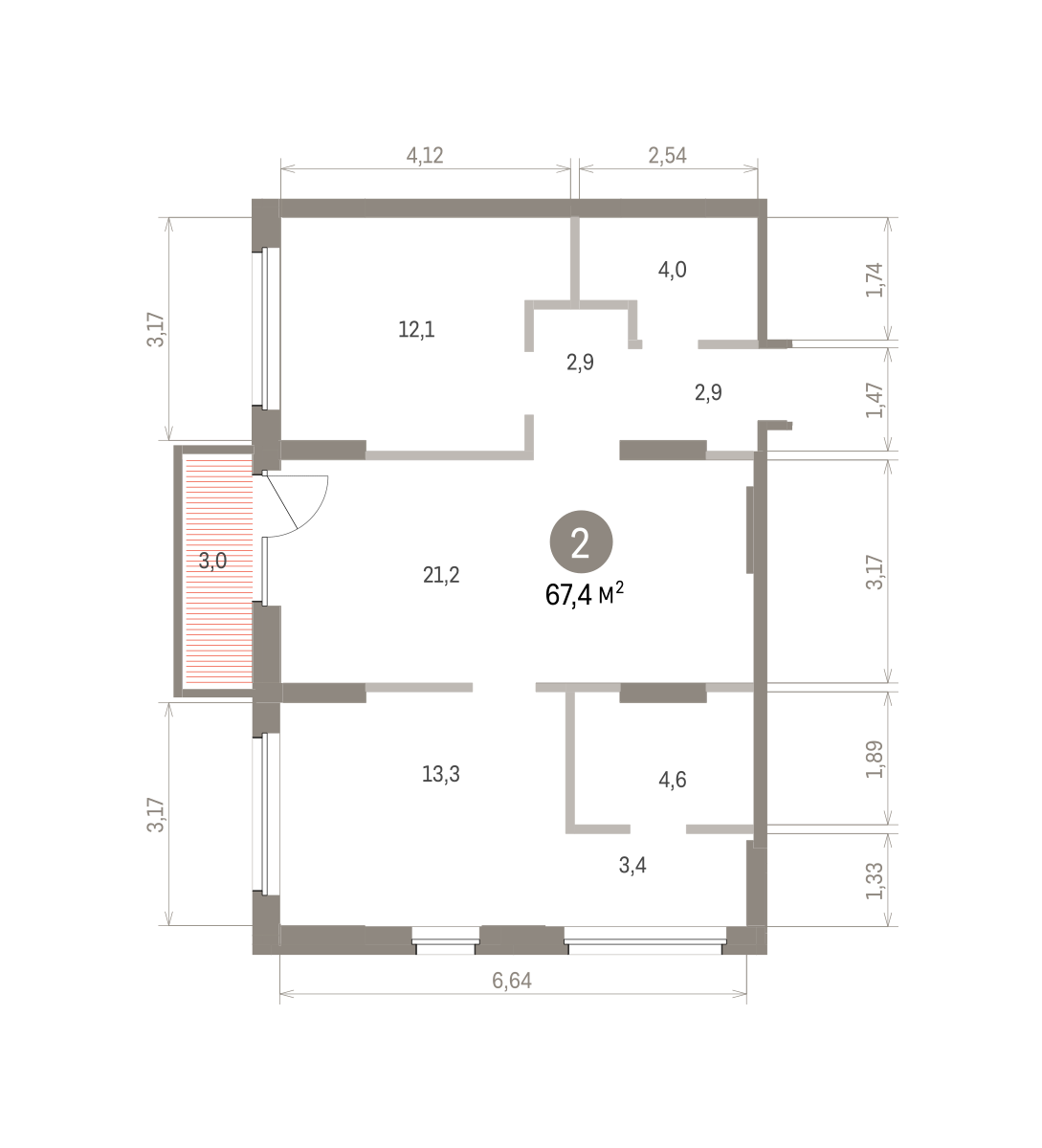 2 комн. Квартира 67.4 кв. м
