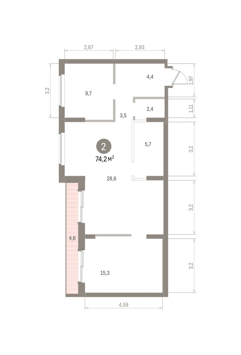 2 комн. Квартира 74.2 кв. м