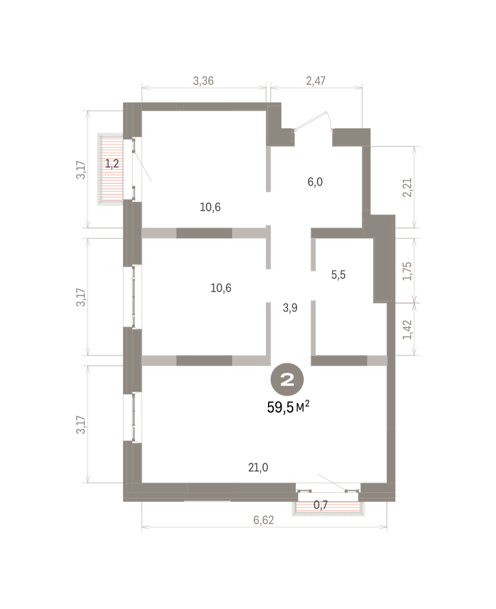 2 комн. Квартира 59.5 кв. м