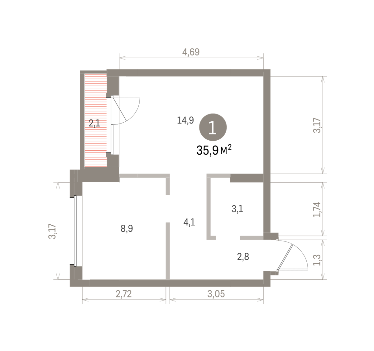 1 комн. Квартира 35.9 кв. м