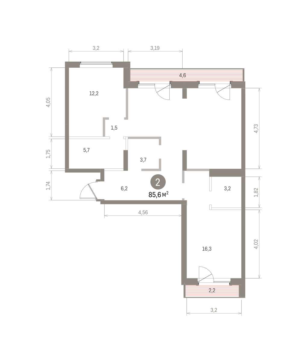 2 комн. Квартира 85.6 кв. м