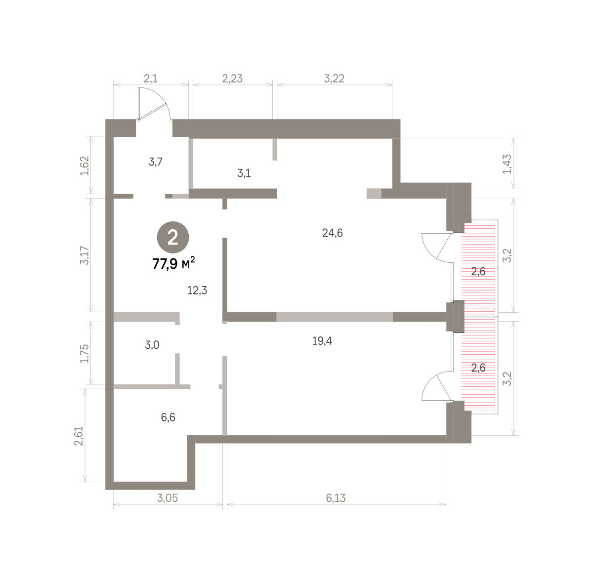 2 комн. Квартира 77.9 кв. м