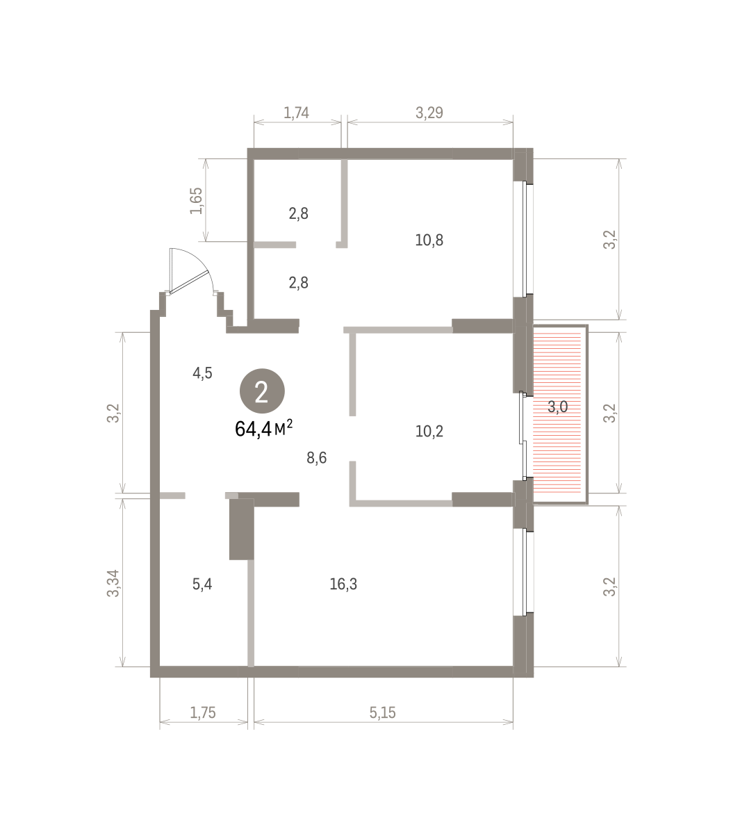 2 комн. Квартира 64.4 кв. м