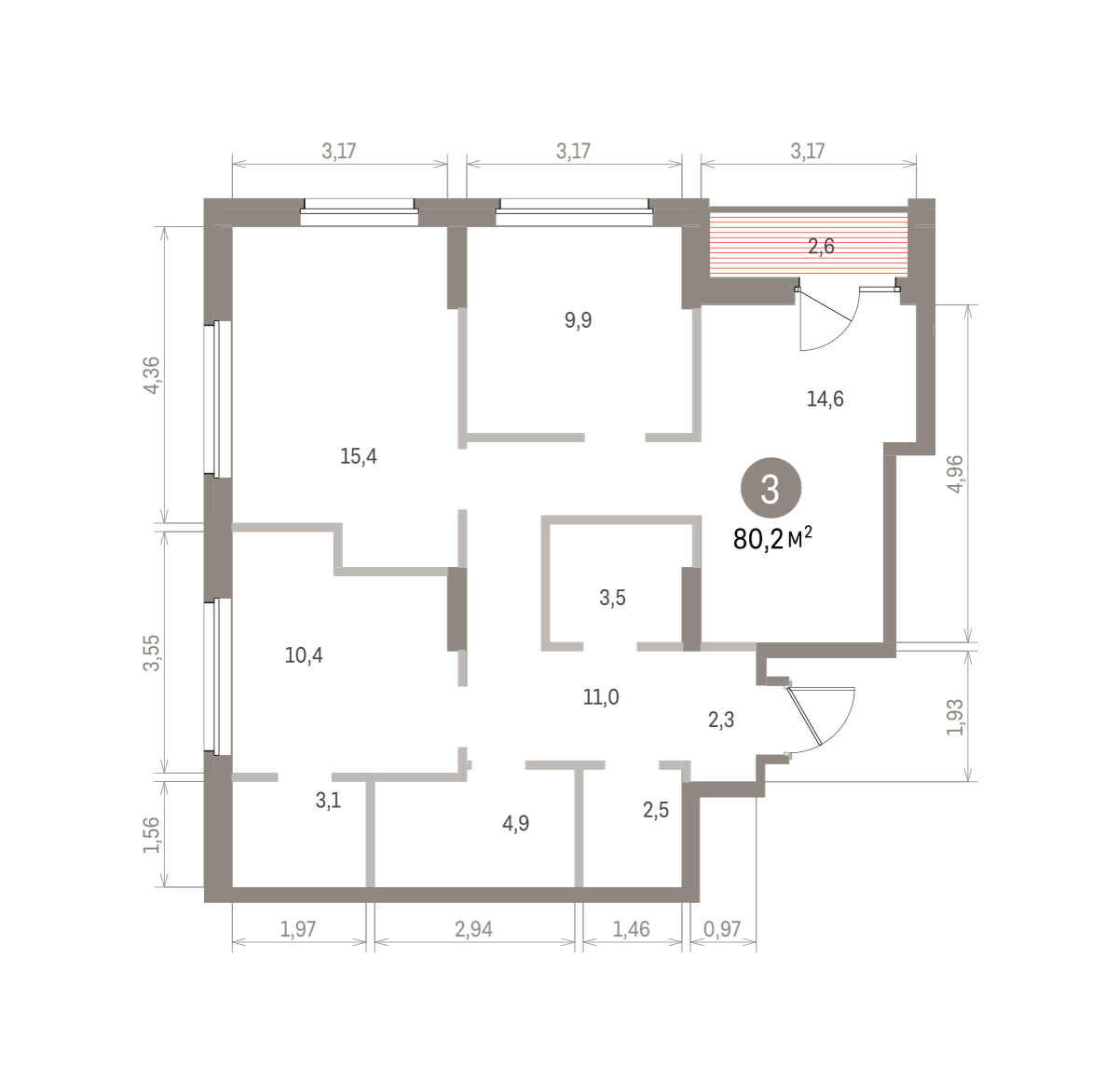 3 комн. Квартира 80.2 кв. м