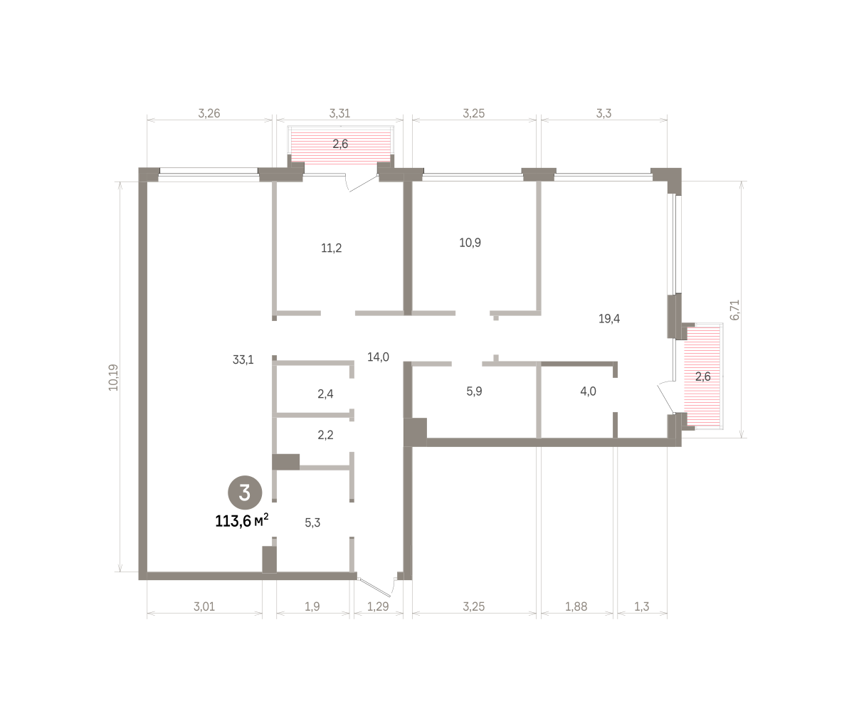 3 комн. Квартира 113.6 кв. м