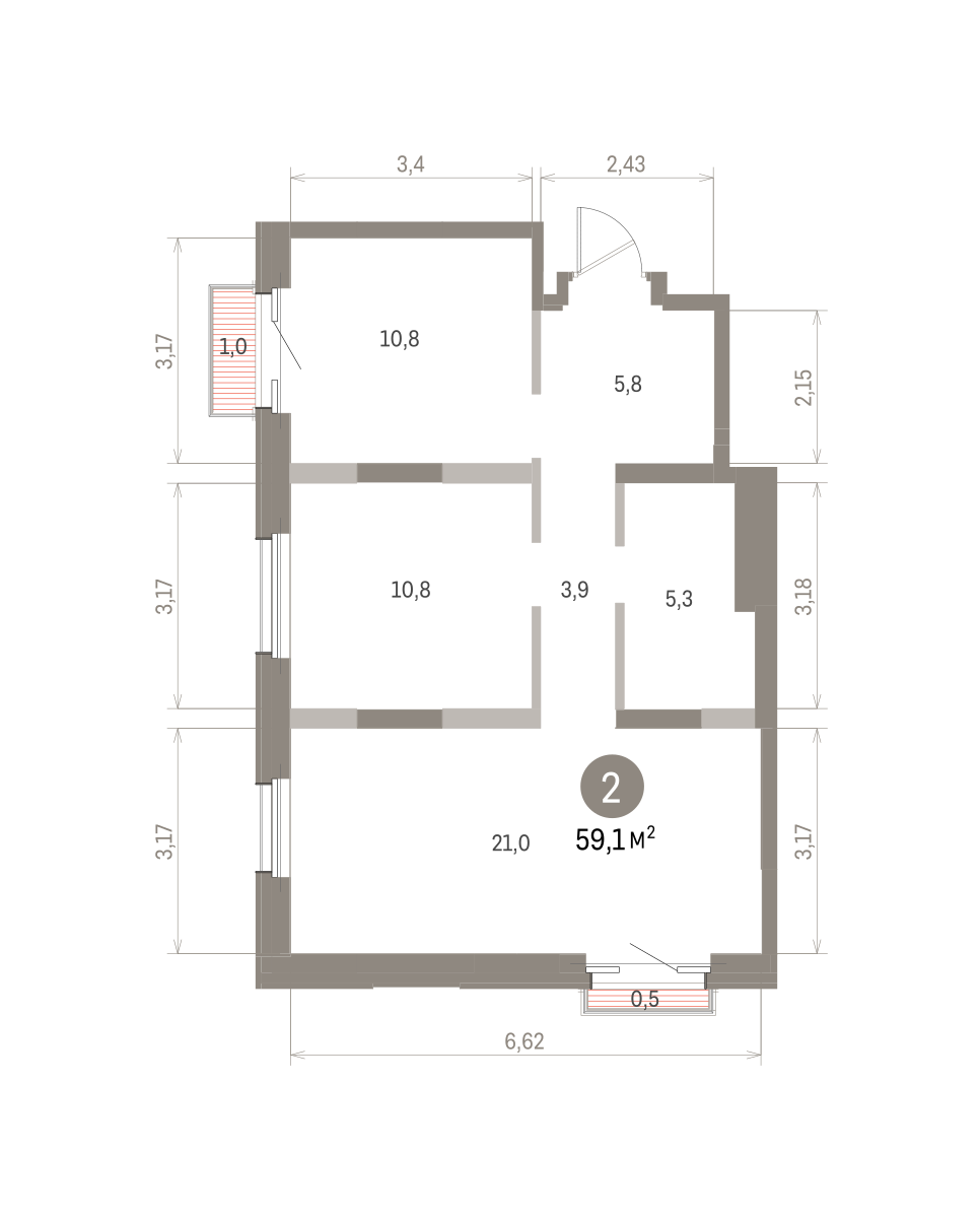 2 комн. Квартира 59.1 кв. м
