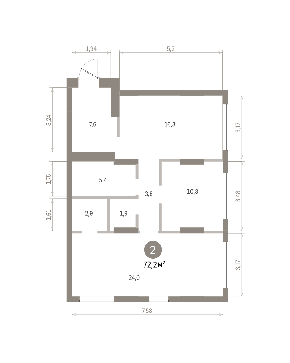2 комн. Квартира 72.2 кв. м