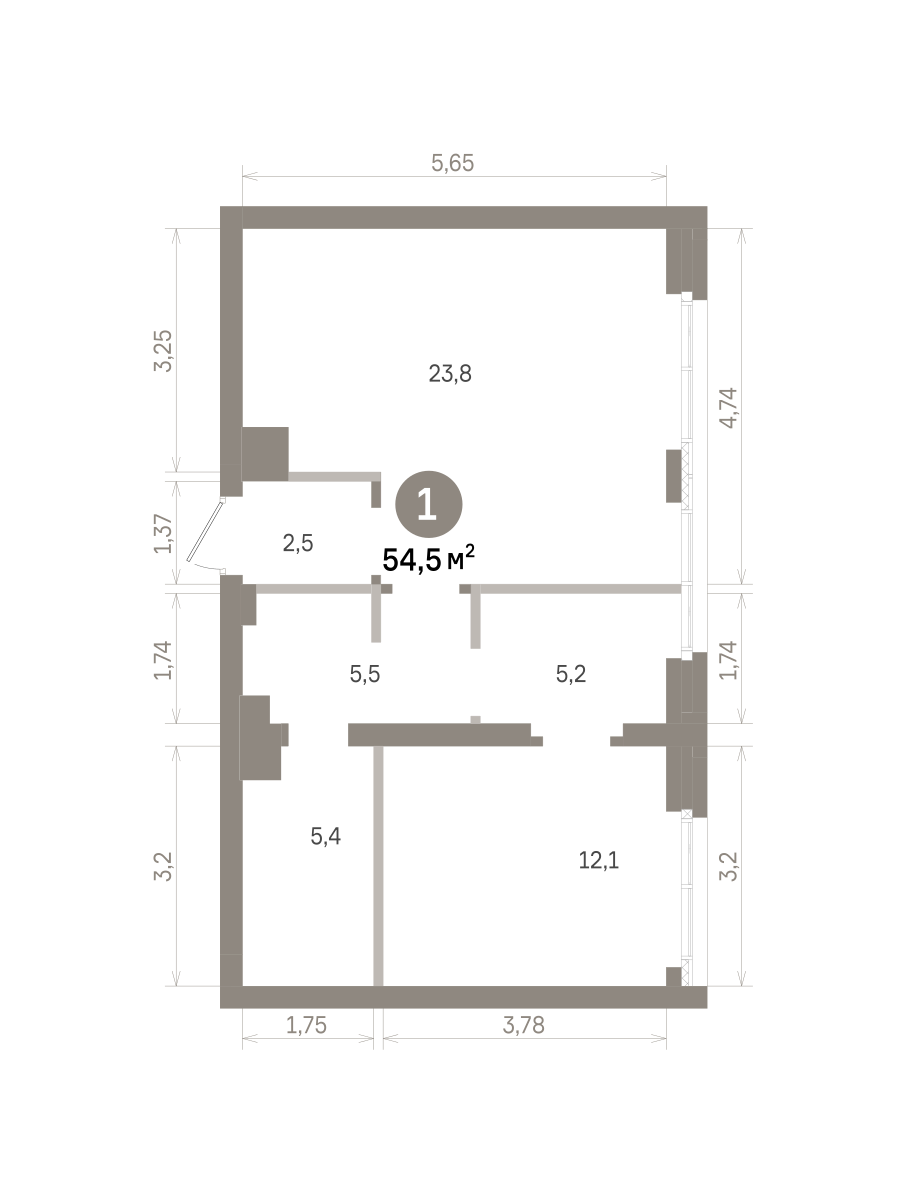 1 комн. Квартира 54.5 кв. м