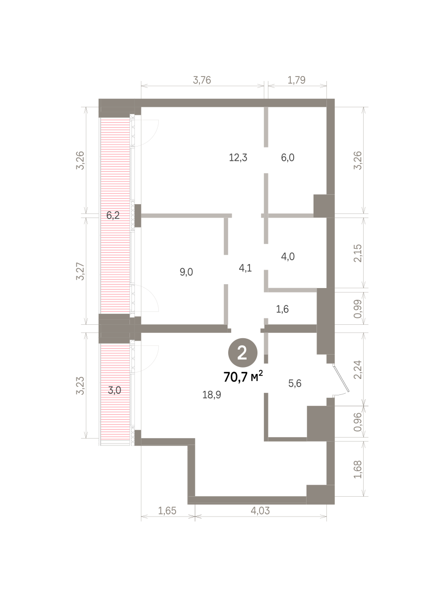 2 комн. Квартира 70.7 кв. м
