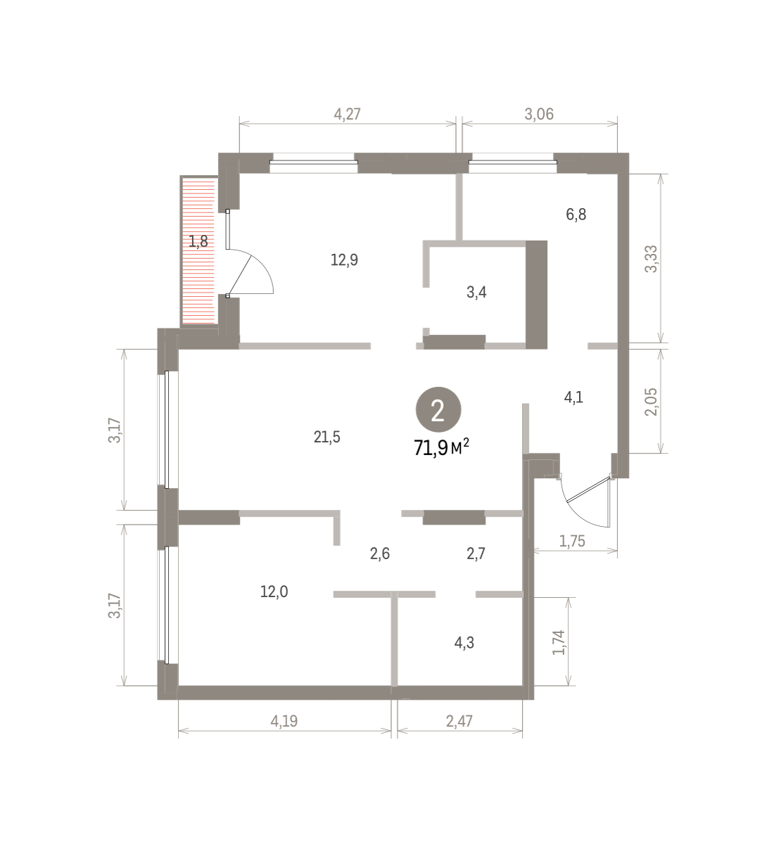 2 комн. Квартира 71.9 кв. м