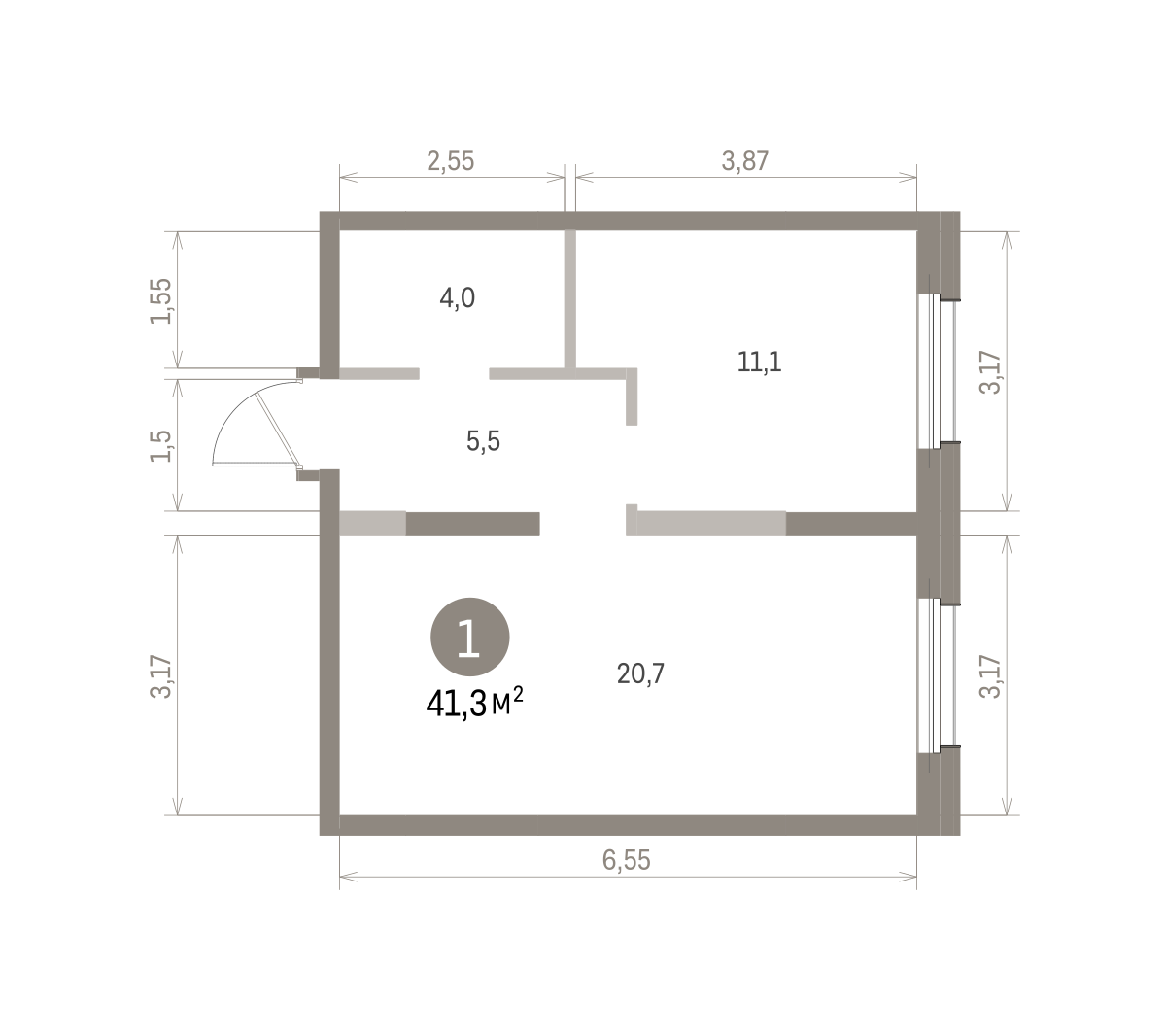 1 комн. Квартира 41.3 кв. м