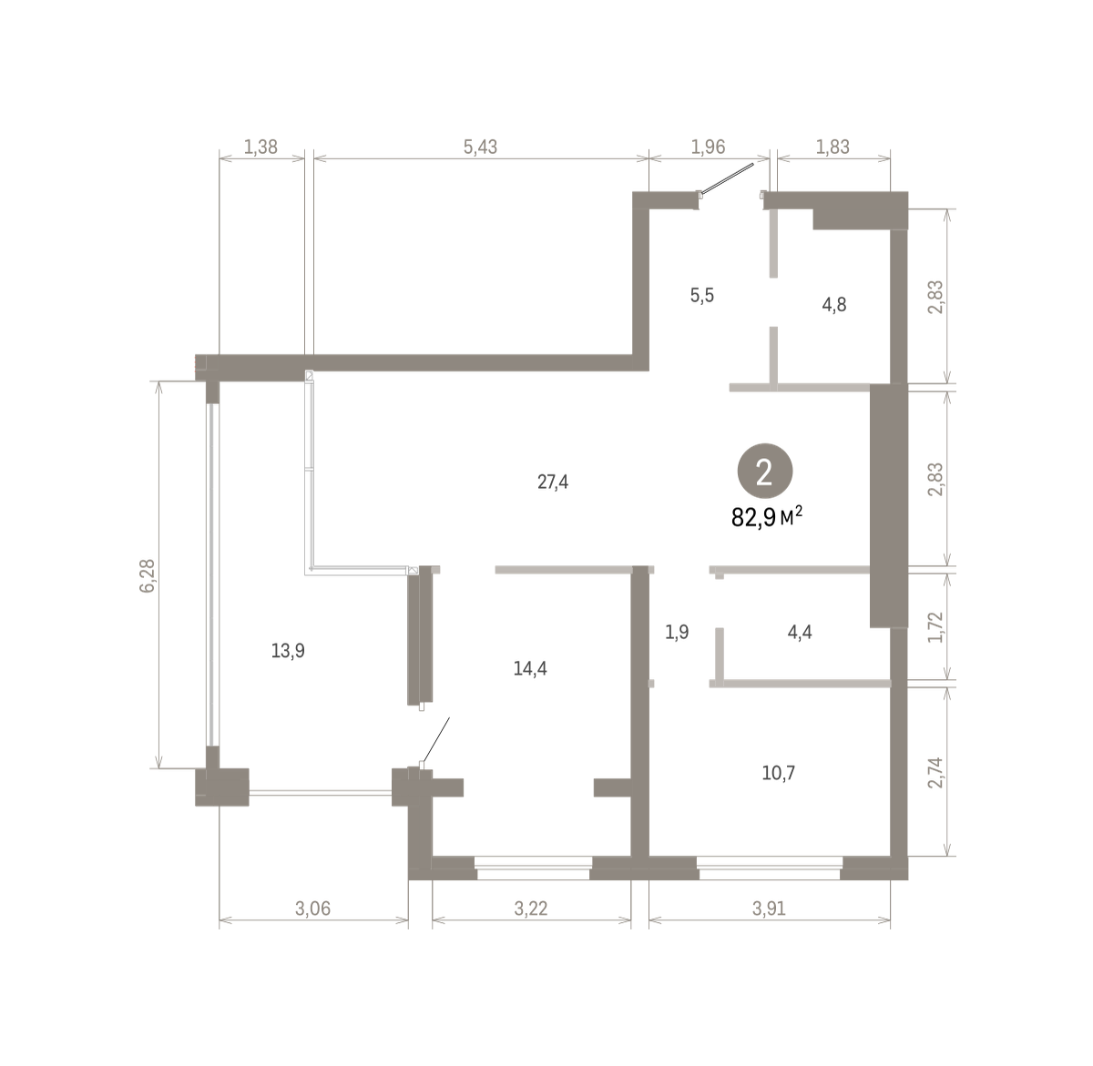 2 комн. Квартира 82.9 кв. м