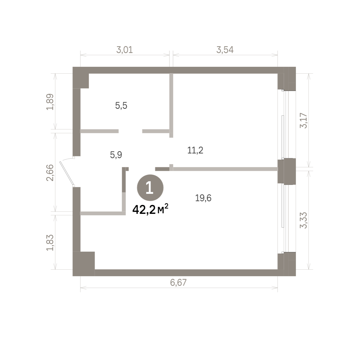 1 комн. Квартира 42.2 кв. м