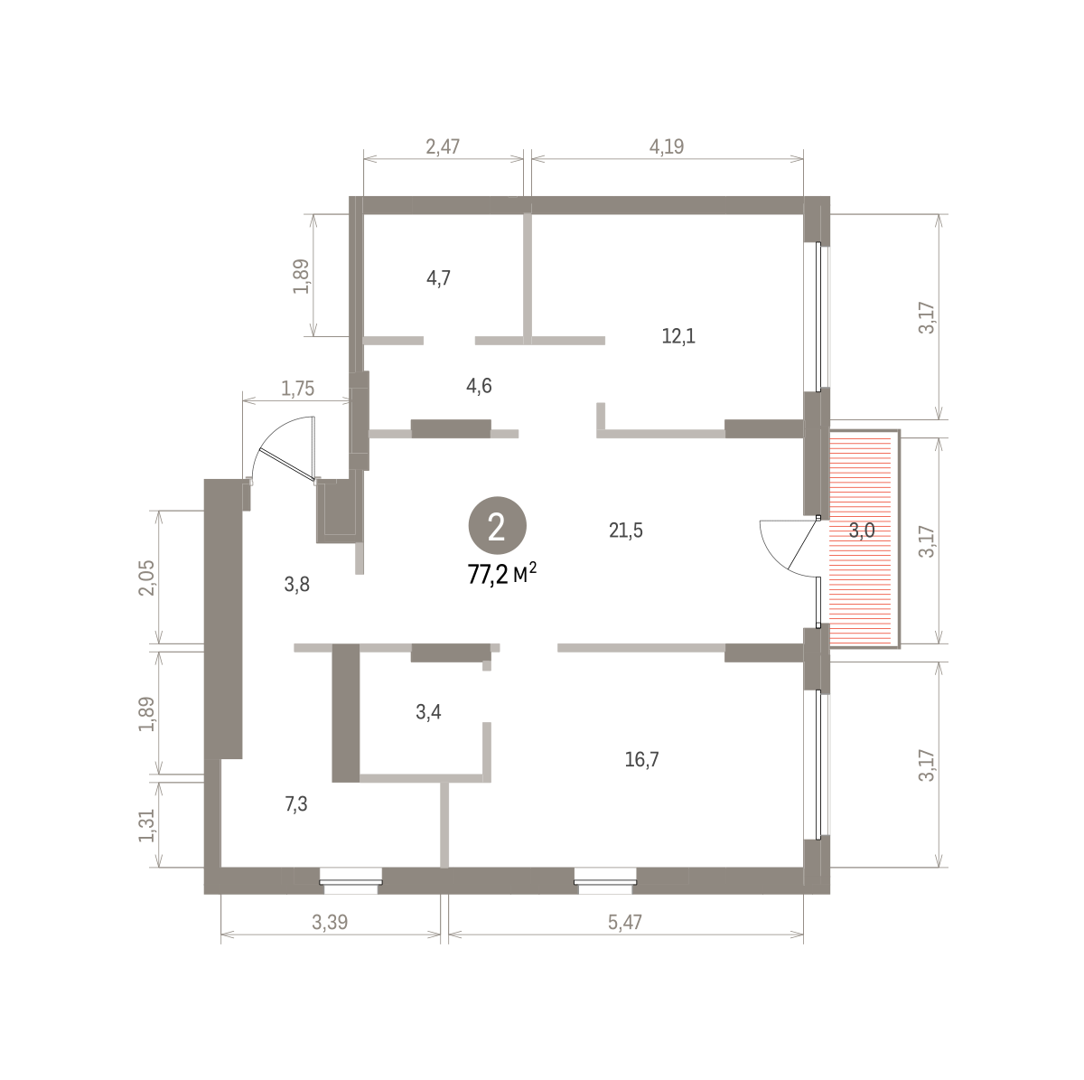 2 комн. Квартира 77.2 кв. м