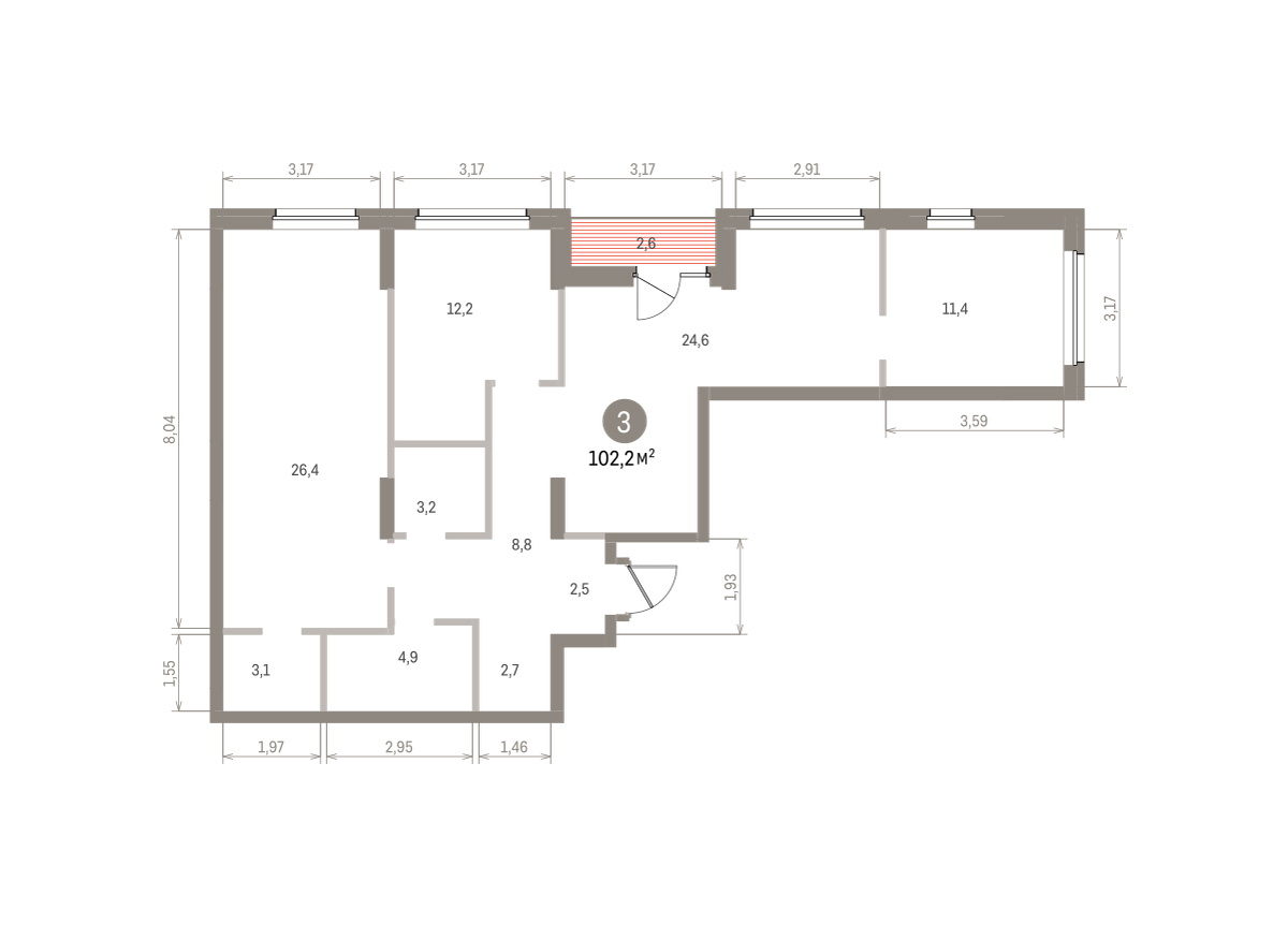 3 комн. Квартира 102.2 кв. м