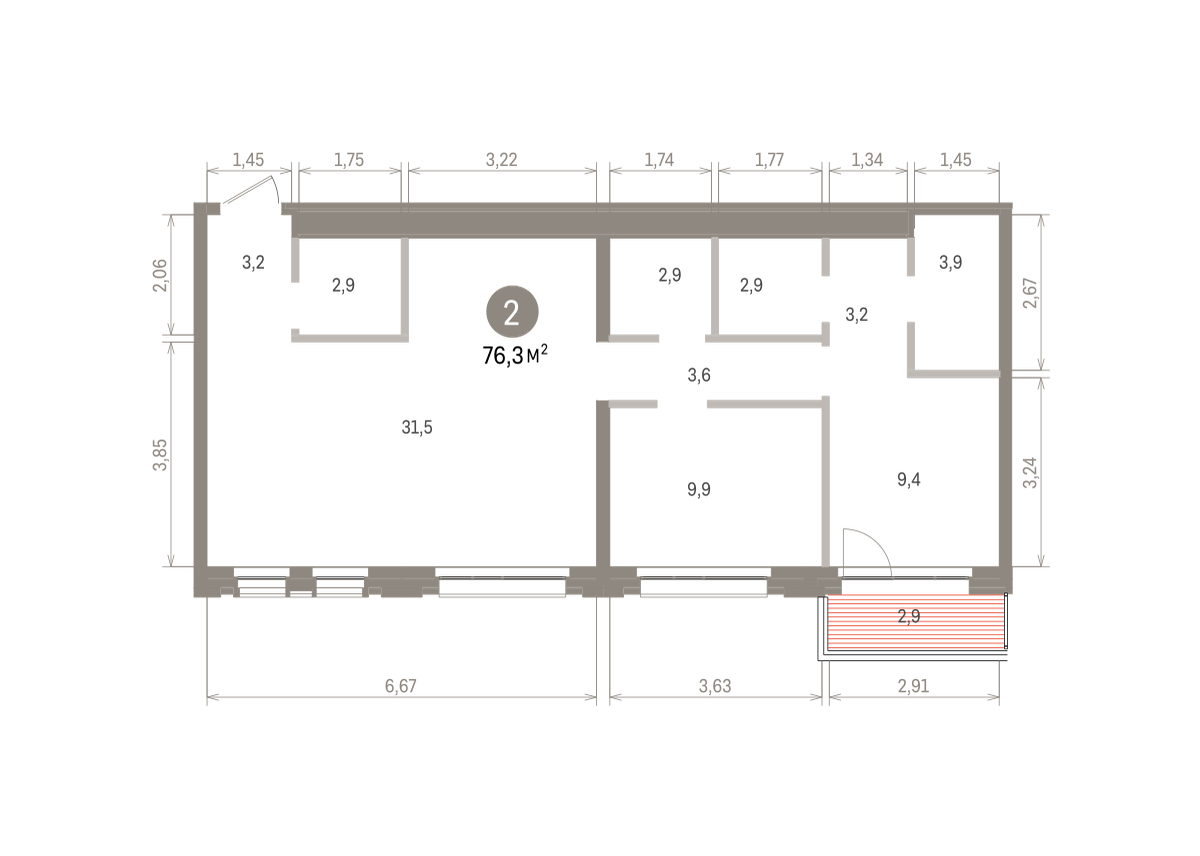 2 комн. Квартира 76.3 кв. м