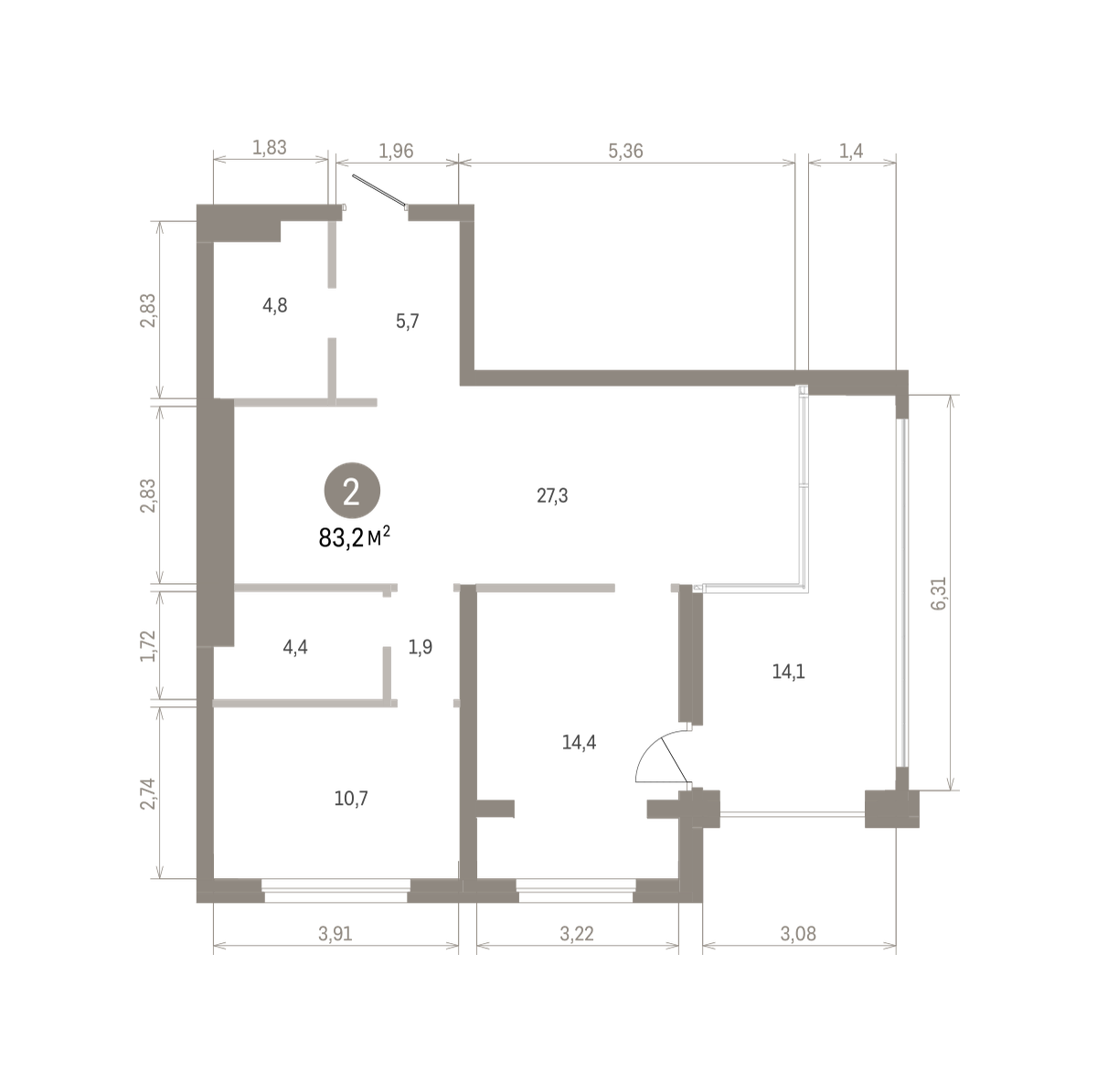 2 комн. Квартира 83.2 кв. м