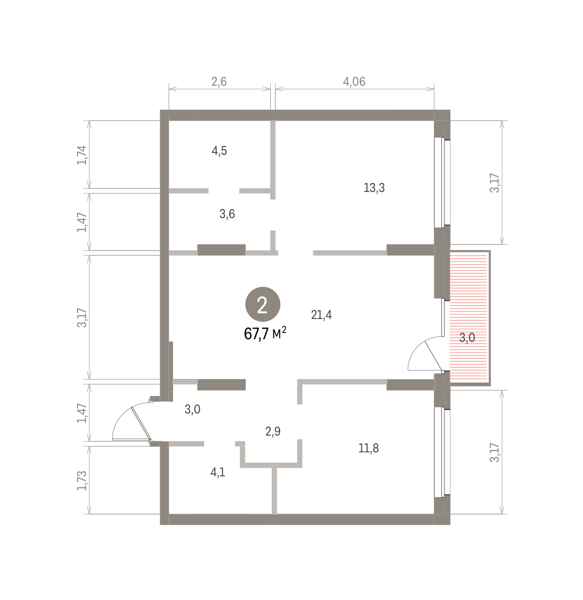 2 комн. Квартира 67.7 кв. м