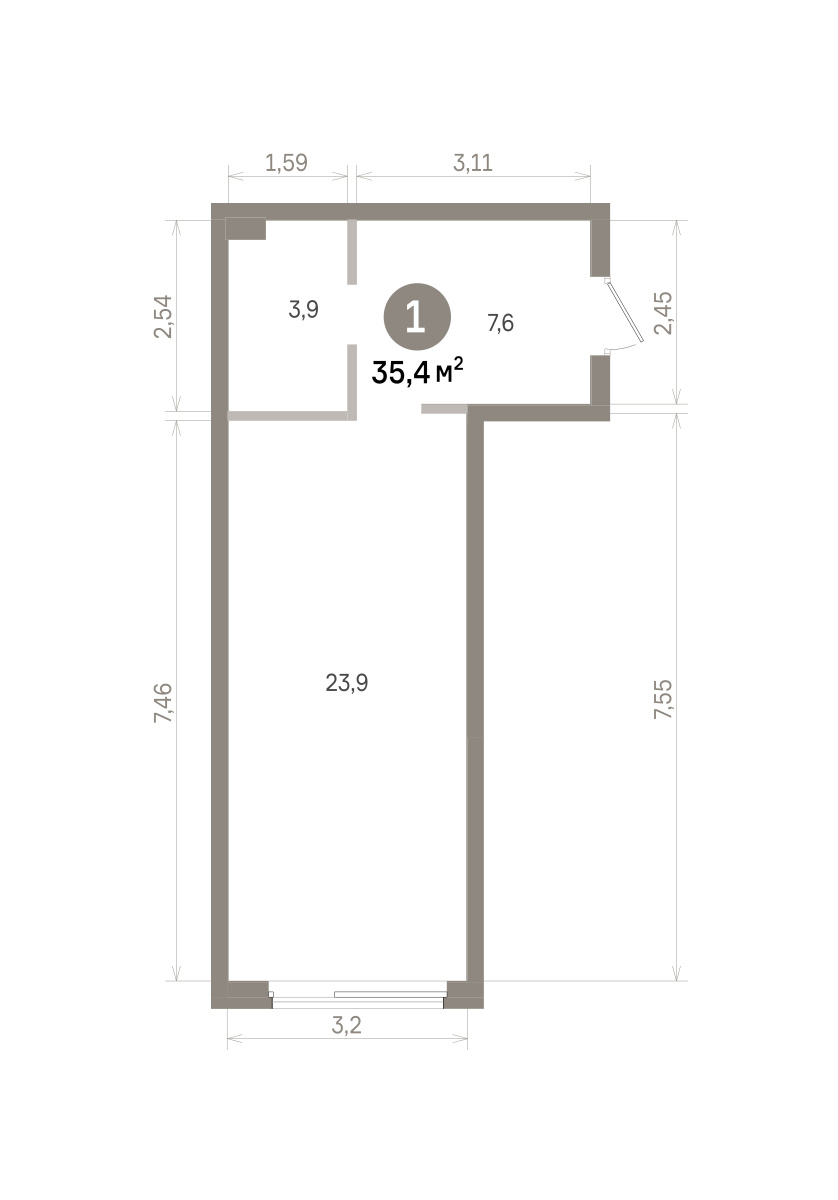 1 комн. Квартира 35.4 кв. м