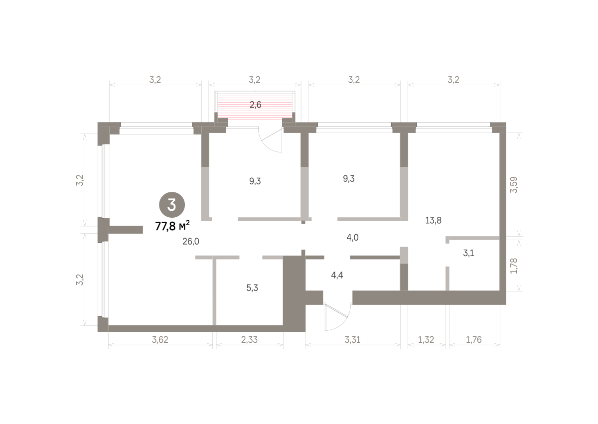 3 комн. Квартира 77.8 кв. м