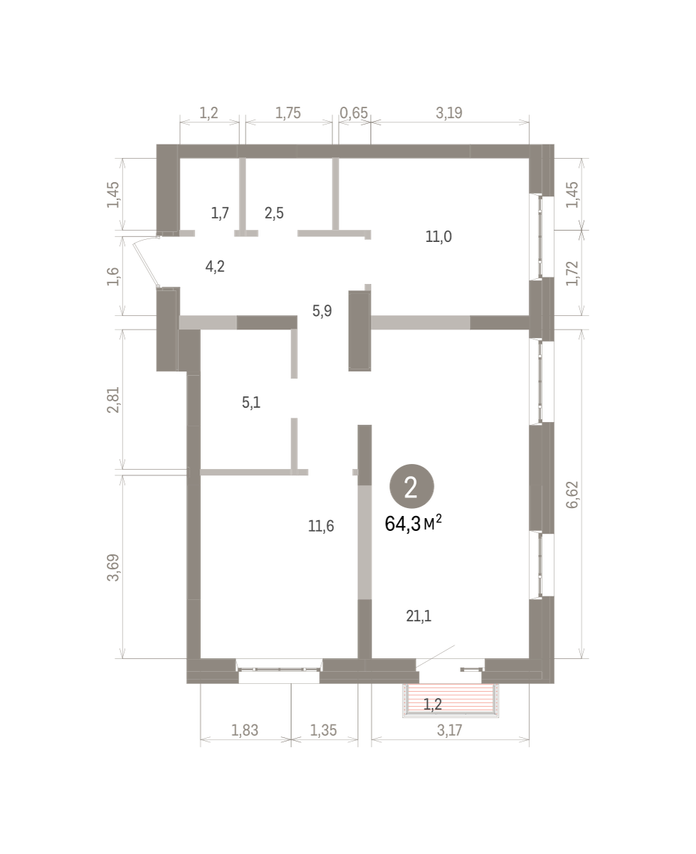 2 комн. Квартира 64.3 кв. м