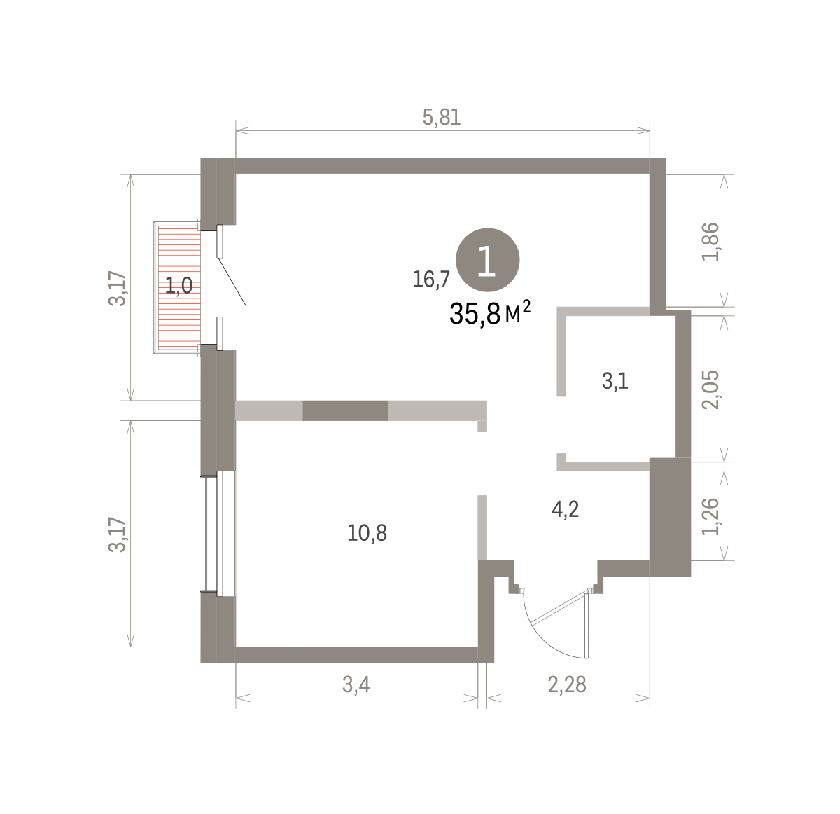 1 комн. Квартира 35.8 кв. м